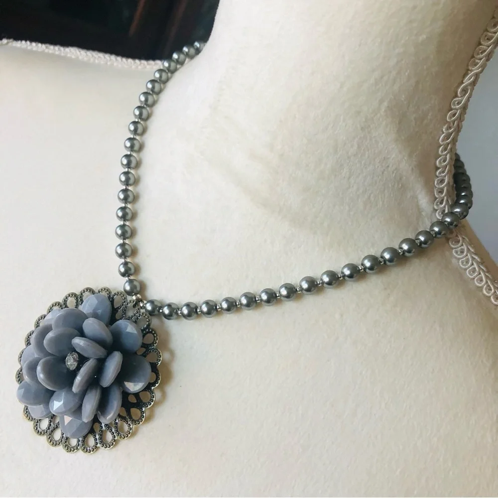 Handcrafted repurpose faceted floral pendant Czech glass Pearl necklace